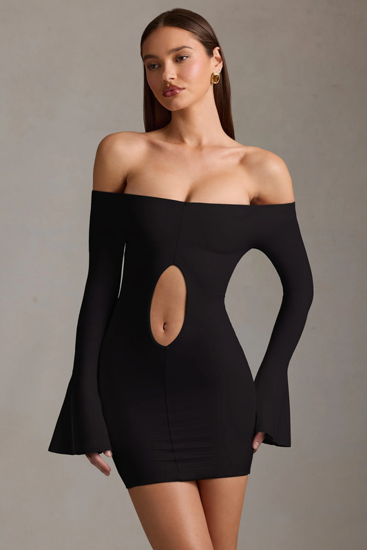 Off-Shoulder Cut-Out Mini Dress in Black - Size:L